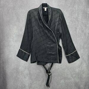 Victoria's‎ Secrets Black Wrap Pajama Top Sleep Logo Tie White Trim L Large